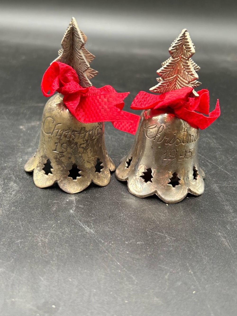 International Silver Christmas Bell silver plated Ornament with Red Bow